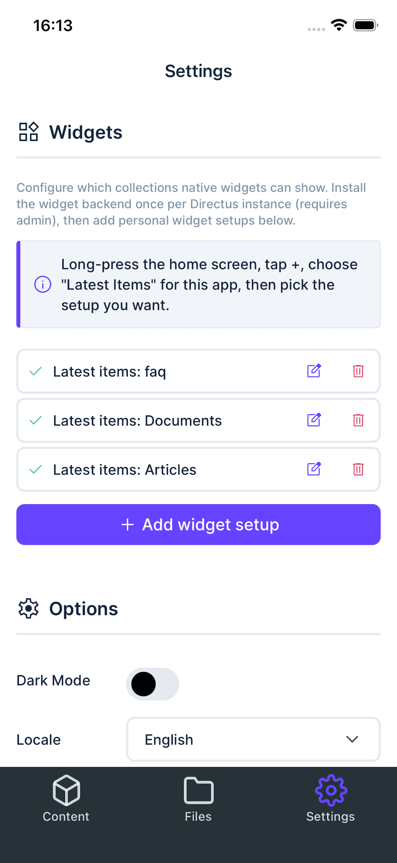 Home screen widgets settings page