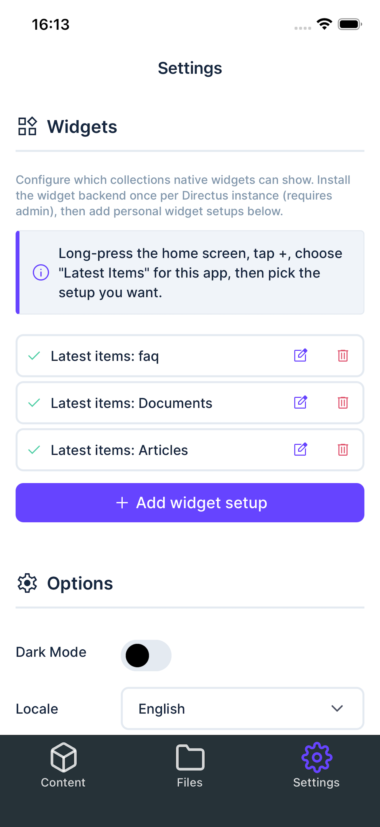 Widgets settings page